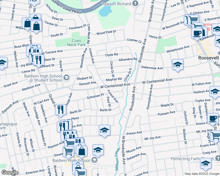 map of restaurants, bars, coffee shops, grocery stores, and more near 998 Centennial Avenue in Baldwin
