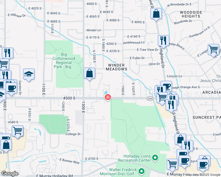 map of restaurants, bars, coffee shops, grocery stores, and more near 4447 South Enclave Vista Lane in Millcreek