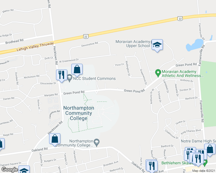 map of restaurants, bars, coffee shops, grocery stores, and more near 4015 Green Pond Road in Bethlehem