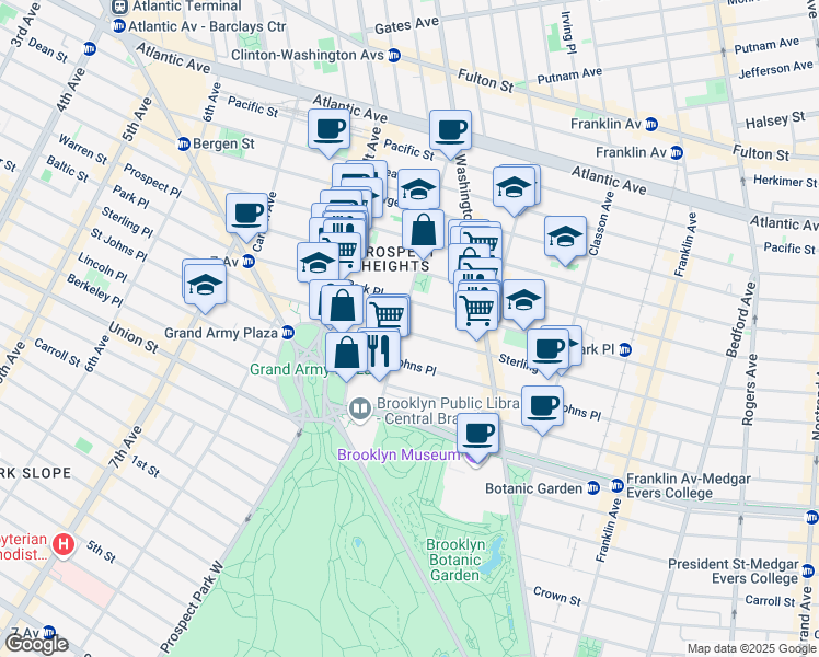 map of restaurants, bars, coffee shops, grocery stores, and more near 177 Underhill Avenue in Brooklyn