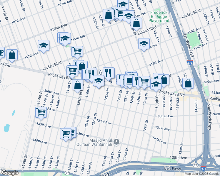 map of restaurants, bars, coffee shops, grocery stores, and more near 122-30 Rockaway Boulevard in Queens