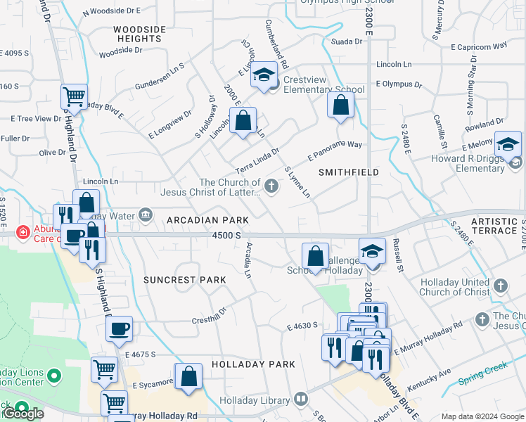 map of restaurants, bars, coffee shops, grocery stores, and more near 4418 South Albright Drive in Holladay