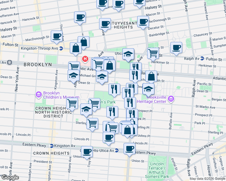 map of restaurants, bars, coffee shops, grocery stores, and more near 112 Schenectady Avenue in Brooklyn
