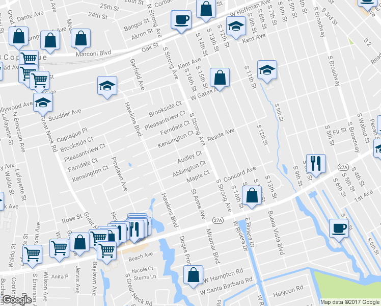 map of restaurants, bars, coffee shops, grocery stores, and more near 309 Audley Court in Copiague