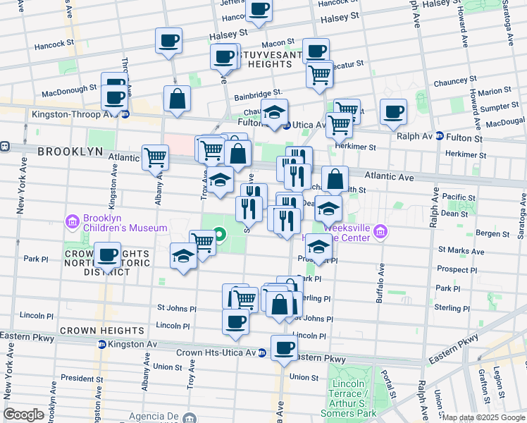 map of restaurants, bars, coffee shops, grocery stores, and more near 1694 Dean Street in Brooklyn