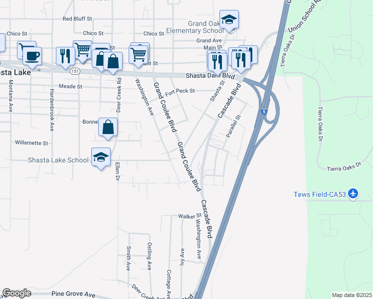 map of restaurants, bars, coffee shops, grocery stores, and more near 2100 Morningstar Way in Shasta Lake