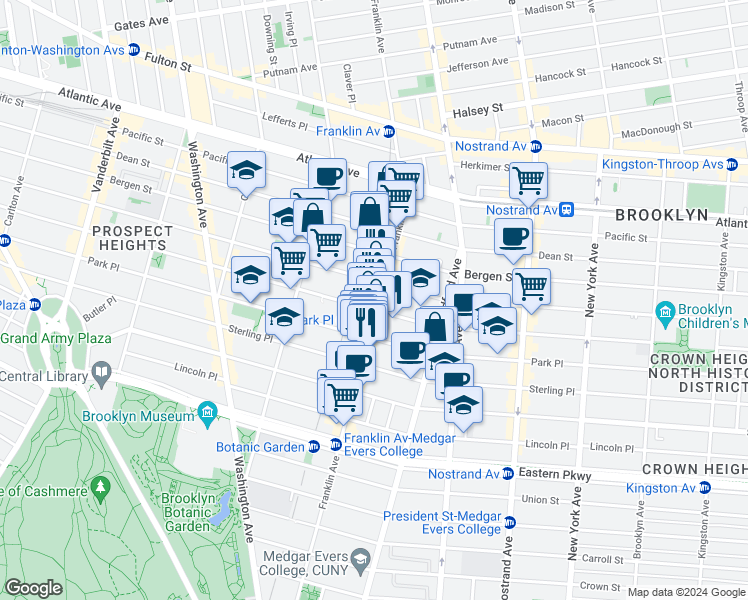 map of restaurants, bars, coffee shops, grocery stores, and more near 676 Franklin Avenue in Brooklyn