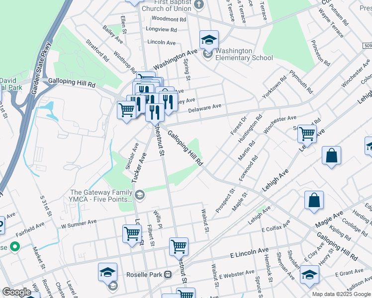 map of restaurants, bars, coffee shops, grocery stores, and more near Galloping Hill Road in Union County