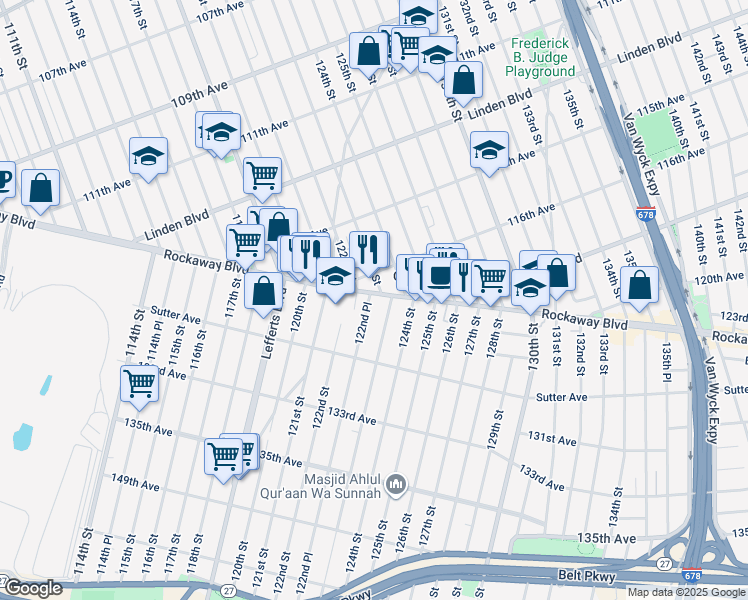 map of restaurants, bars, coffee shops, grocery stores, and more near 122-30 Rockaway Boulevard in Queens