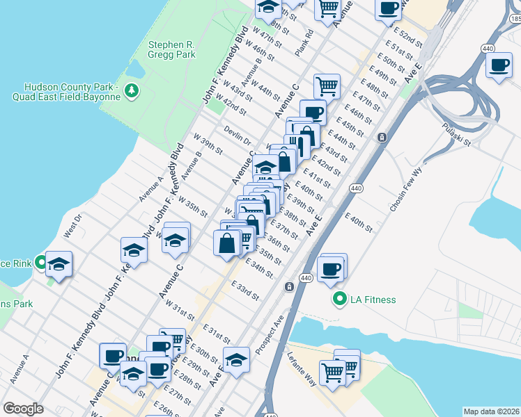 map of restaurants, bars, coffee shops, grocery stores, and more near 821 Broadway in Bayonne