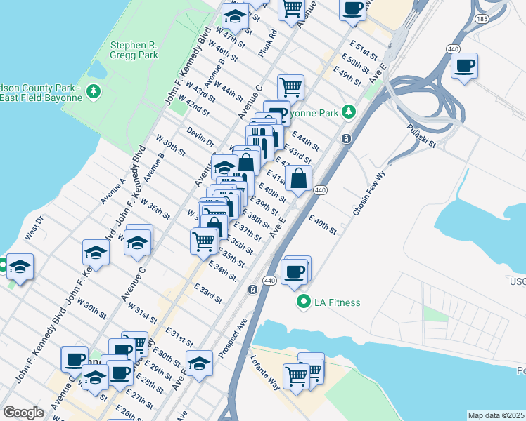 map of restaurants, bars, coffee shops, grocery stores, and more near 15 East 38th Street in Bayonne