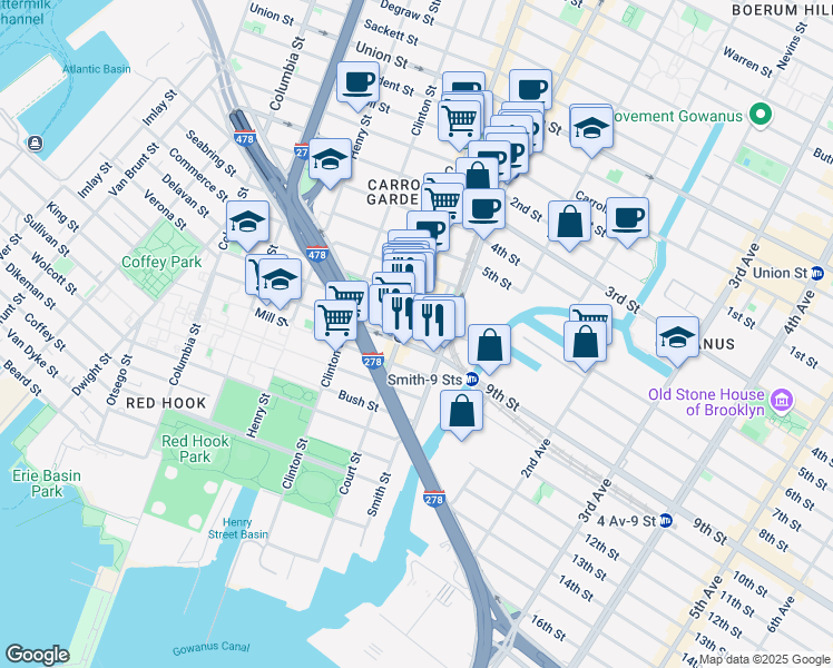map of restaurants, bars, coffee shops, grocery stores, and more near 505 Court Street in Brooklyn
