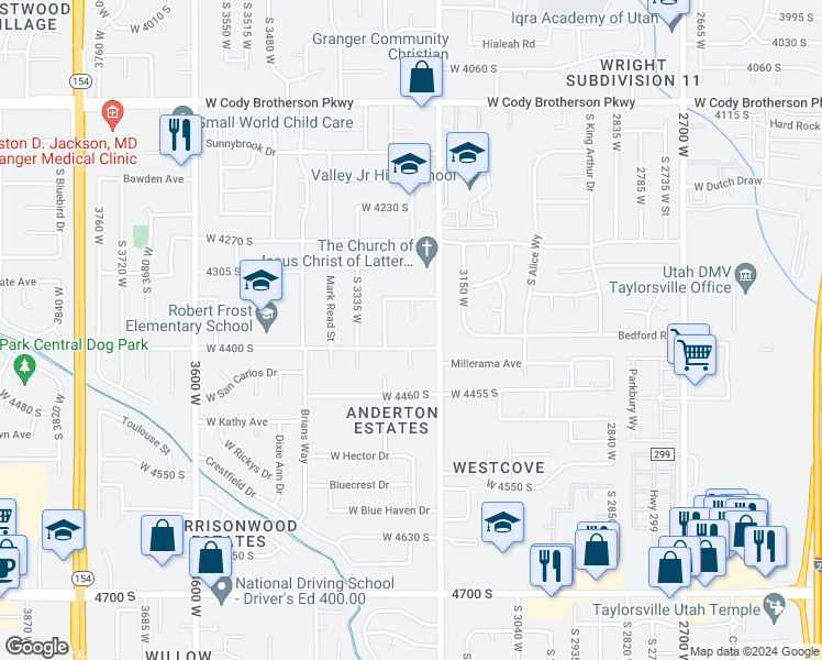 map of restaurants, bars, coffee shops, grocery stores, and more near 4372 South Hawarden Circle in West Valley City
