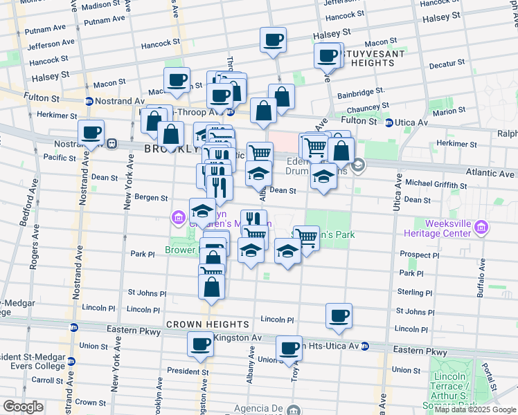 map of restaurants, bars, coffee shops, grocery stores, and more near 152 Albany Avenue in Brooklyn