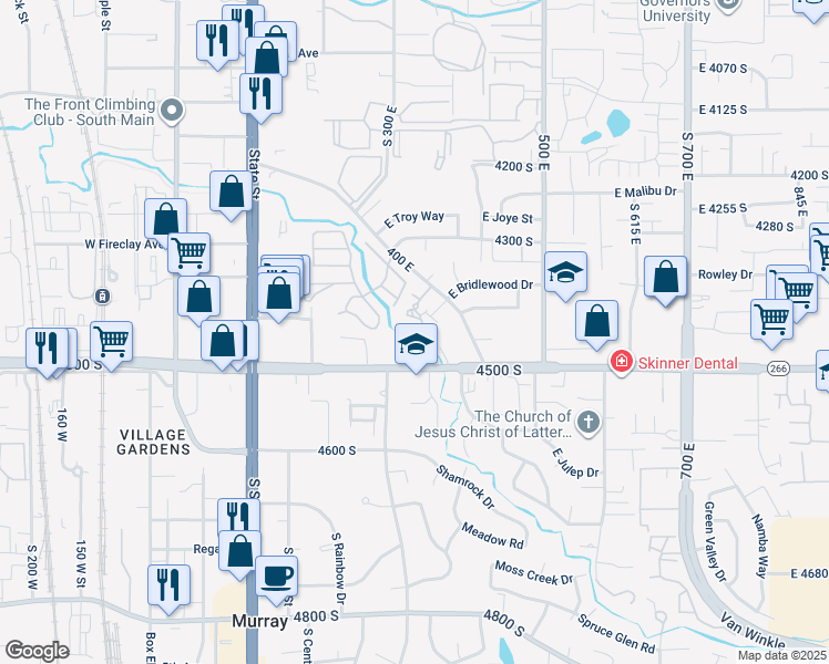 map of restaurants, bars, coffee shops, grocery stores, and more near 340 East Gordon Lane in Murray