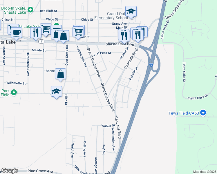 map of restaurants, bars, coffee shops, grocery stores, and more near 2100 Morningstar Way in Shasta Lake