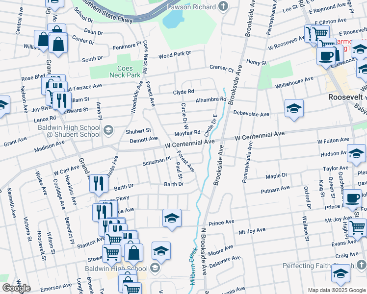 map of restaurants, bars, coffee shops, grocery stores, and more near 998 Centennial Avenue in Baldwin