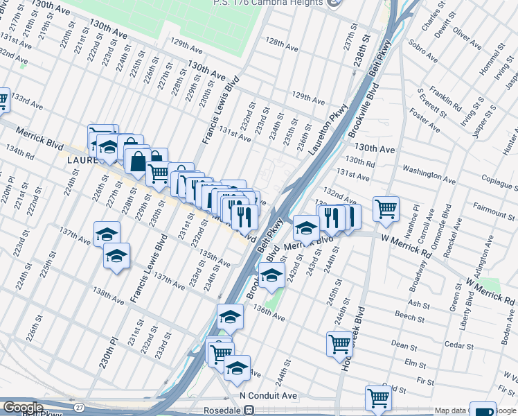 map of restaurants, bars, coffee shops, grocery stores, and more near 234-27 133rd Avenue in Queens