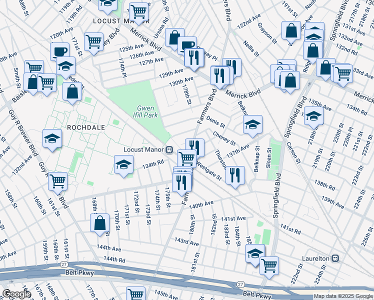 map of restaurants, bars, coffee shops, grocery stores, and more near in Queens