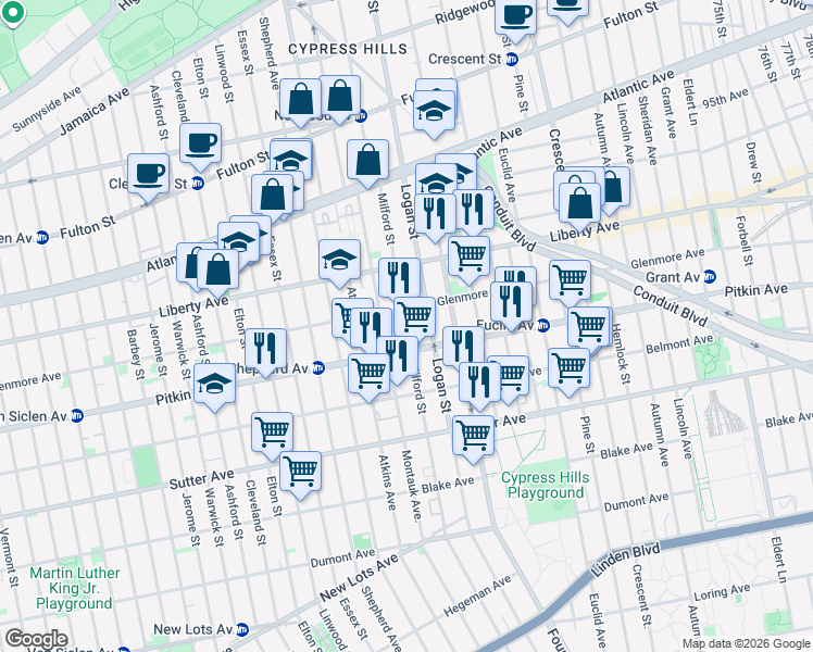 map of restaurants, bars, coffee shops, grocery stores, and more near 159 Montauk Avenue in Brooklyn