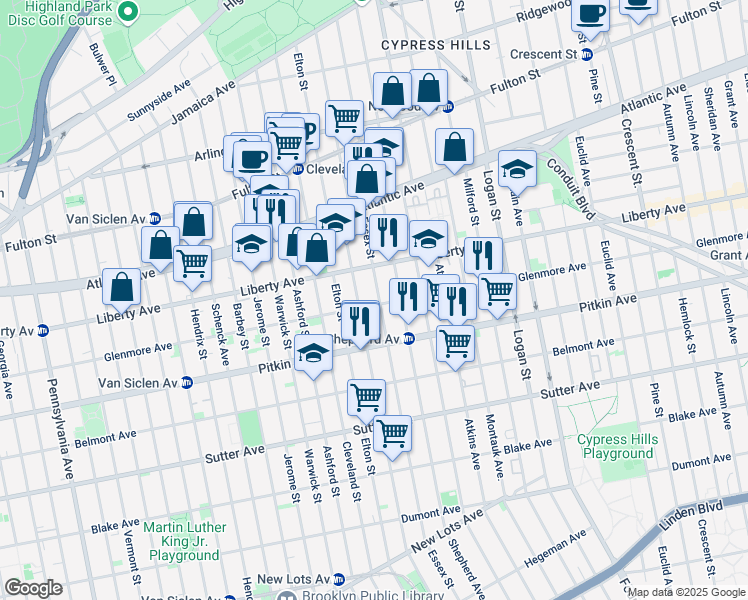 map of restaurants, bars, coffee shops, grocery stores, and more near 753 Glenmore Avenue in Brooklyn