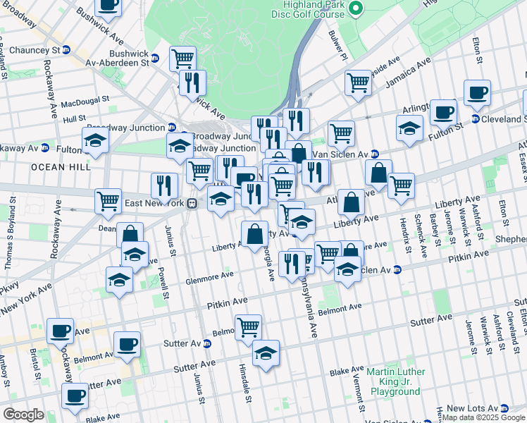map of restaurants, bars, coffee shops, grocery stores, and more near 2582 Atlantic Avenue in Brooklyn
