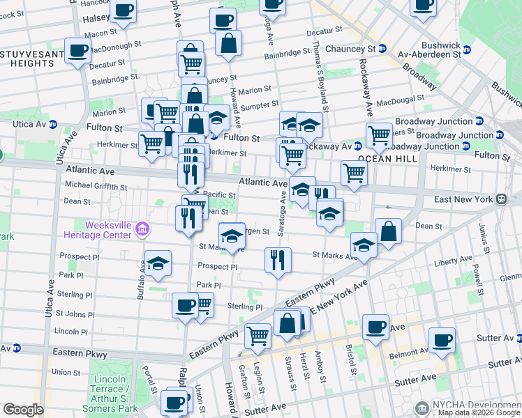 map of restaurants, bars, coffee shops, grocery stores, and more near 2083 Dean Street in Brooklyn