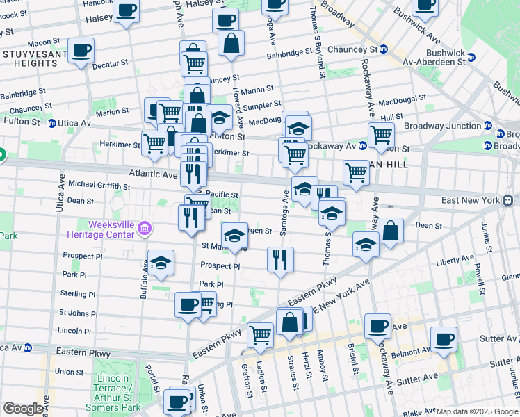 map of restaurants, bars, coffee shops, grocery stores, and more near 2083 Dean Street in Brooklyn