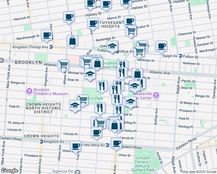 map of restaurants, bars, coffee shops, grocery stores, and more near 1694 Dean Street in Brooklyn