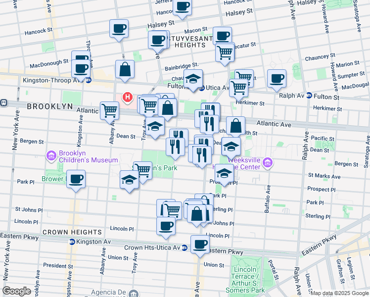 map of restaurants, bars, coffee shops, grocery stores, and more near 1694 Dean Street in Brooklyn