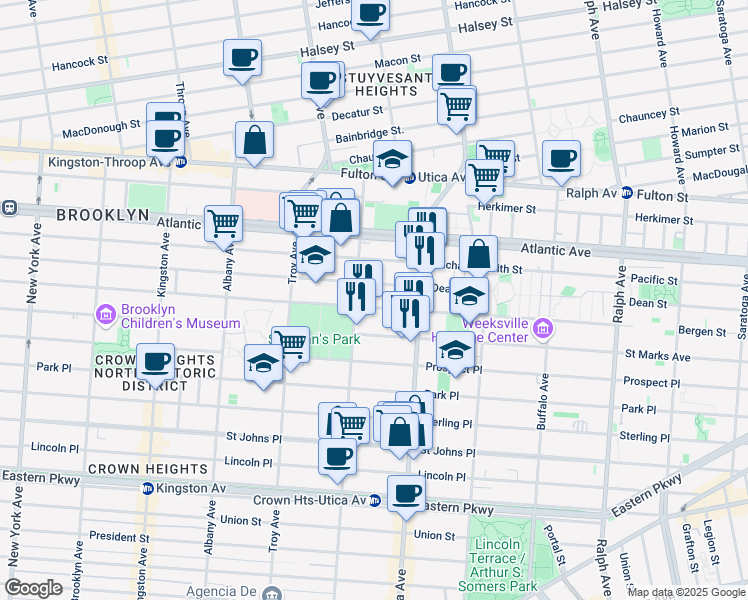 map of restaurants, bars, coffee shops, grocery stores, and more near 1694 Dean Street in Brooklyn