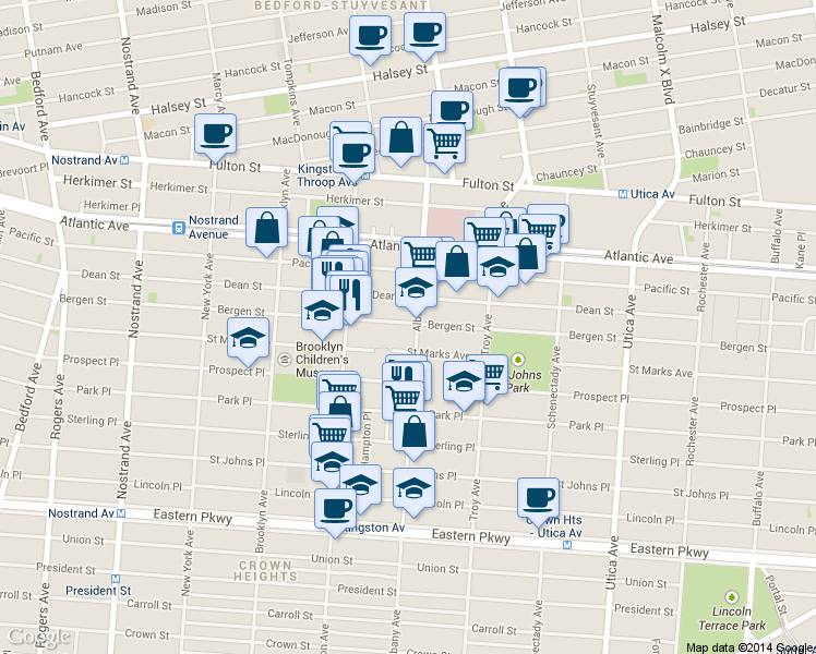 map of restaurants, bars, coffee shops, grocery stores, and more near 1362A Bergen Street in Brooklyn