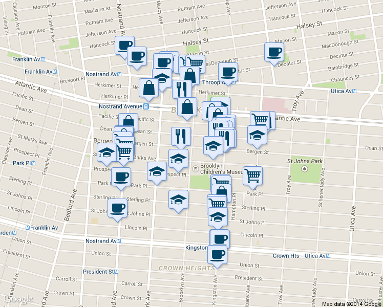 map of restaurants, bars, coffee shops, grocery stores, and more near 127 Brooklyn Avenue in Brooklyn