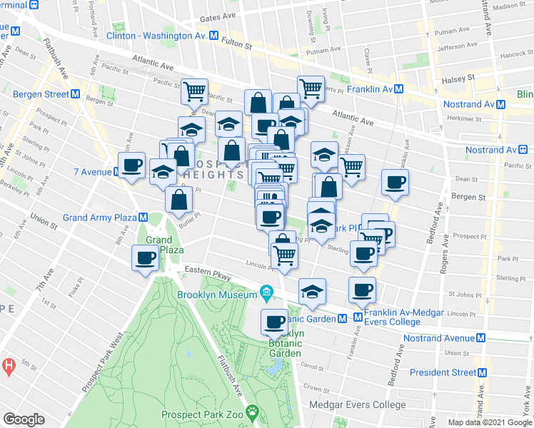 map of restaurants, bars, coffee shops, grocery stores, and more near 748 Washington Avenue in Brooklyn
