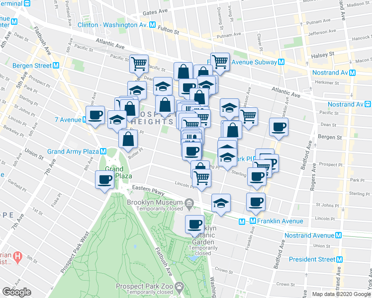 map of restaurants, bars, coffee shops, grocery stores, and more near 748 Washington Avenue in Brooklyn