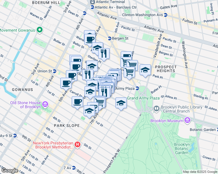 map of restaurants, bars, coffee shops, grocery stores, and more near 151 Berkeley Place in Brooklyn
