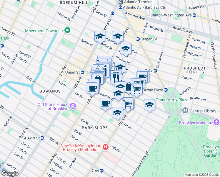 map of restaurants, bars, coffee shops, grocery stores, and more near 740A Union Street in Brooklyn
