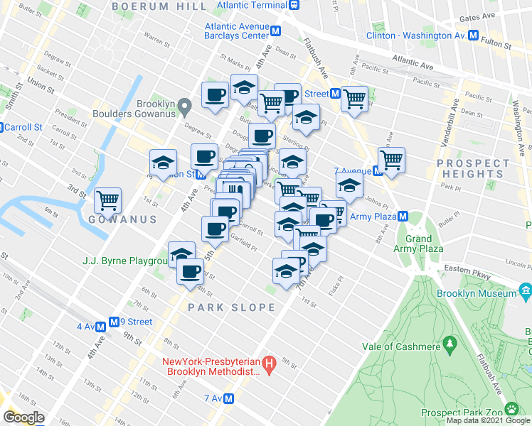map of restaurants, bars, coffee shops, grocery stores, and more near 687 President Street in Brooklyn
