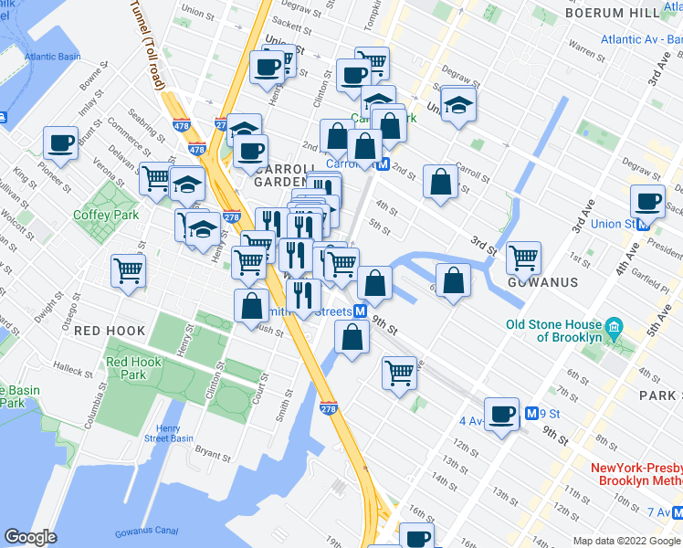 map of restaurants, bars, coffee shops, grocery stores, and more near Smith St & Huntington St in Brooklyn