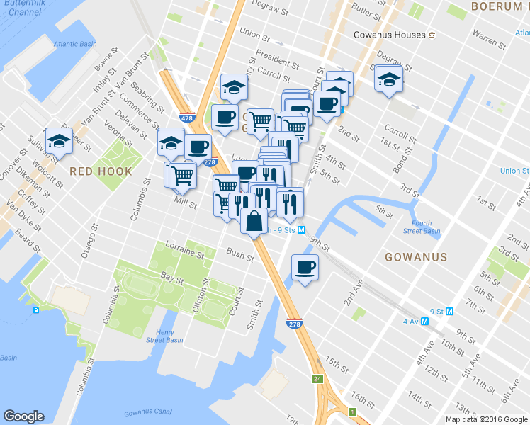 map of restaurants, bars, coffee shops, grocery stores, and more near 519 Court Street in Brooklyn