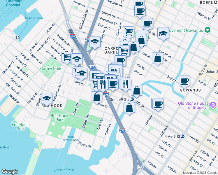 map of restaurants, bars, coffee shops, grocery stores, and more near 519 Court Street in Brooklyn