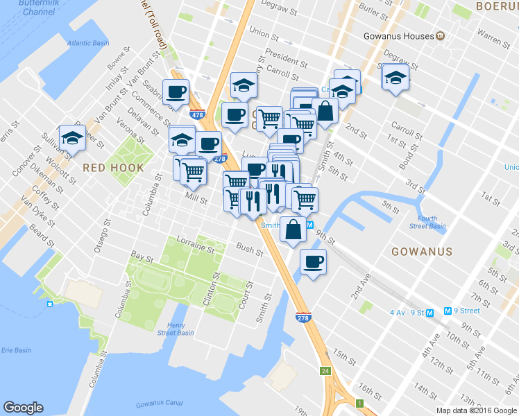 map of restaurants, bars, coffee shops, grocery stores, and more near 316 Hamilton Avenue in Brooklyn