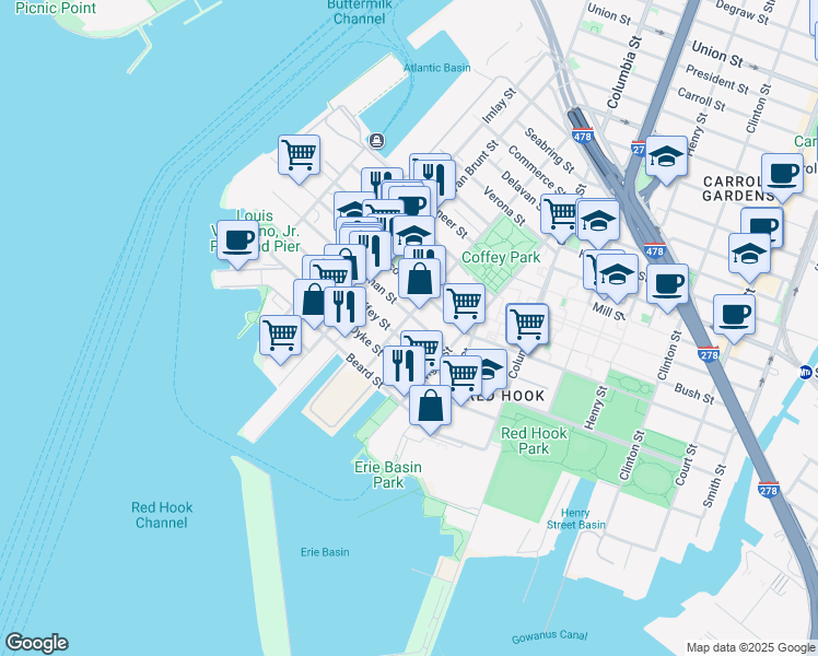map of restaurants, bars, coffee shops, grocery stores, and more near 48 Dikeman Street in Brooklyn