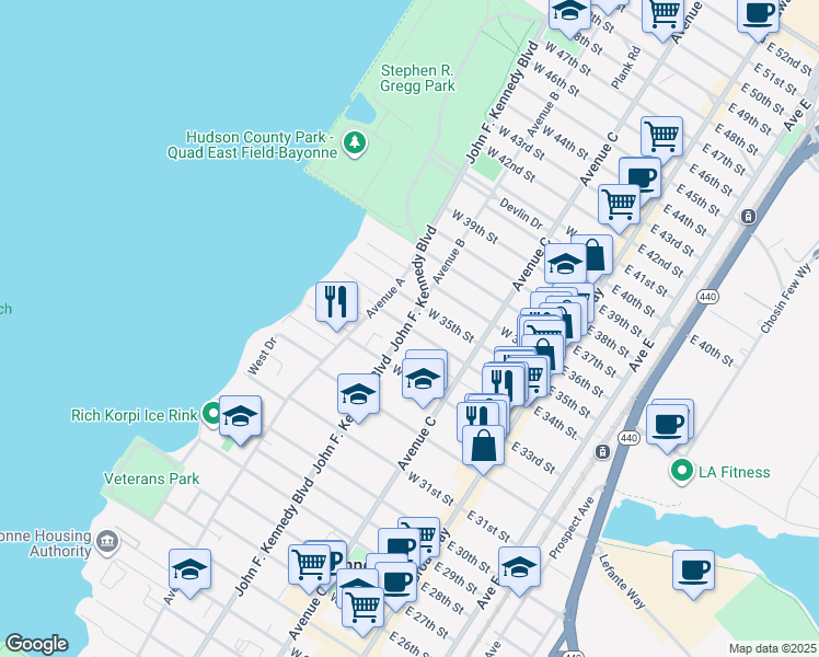 map of restaurants, bars, coffee shops, grocery stores, and more near 884 John F. Kennedy Boulevard in Weehawken