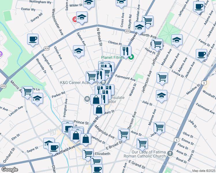 map of restaurants, bars, coffee shops, grocery stores, and more near 553 Newark Avenue in Elizabeth