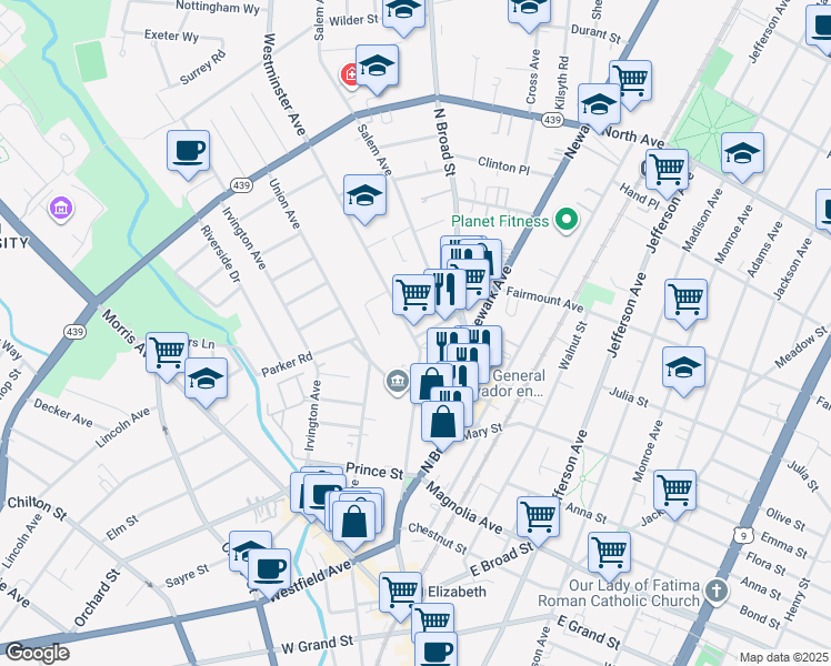 map of restaurants, bars, coffee shops, grocery stores, and more near 552 Westminster Avenue in Elizabeth