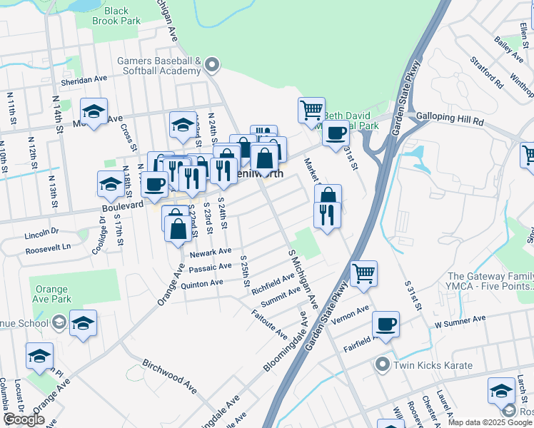 map of restaurants, bars, coffee shops, grocery stores, and more near 47 South Michigan Avenue in Kenilworth