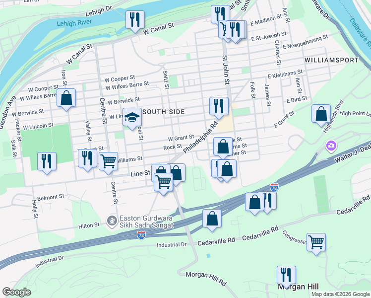 map of restaurants, bars, coffee shops, grocery stores, and more near 824 Seitz Street in Easton