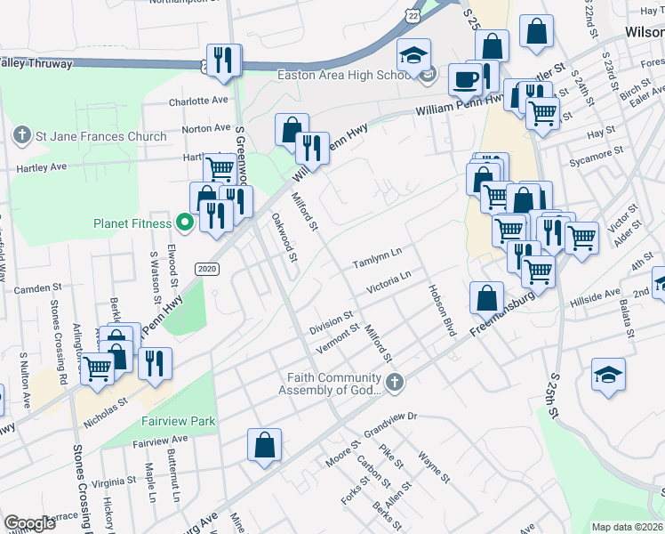 map of restaurants, bars, coffee shops, grocery stores, and more near 2767 Tamlynn Lane in Easton