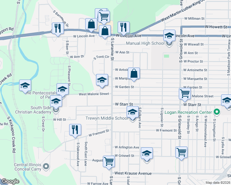 map of restaurants, bars, coffee shops, grocery stores, and more near 3027 West Malone Street in Peoria